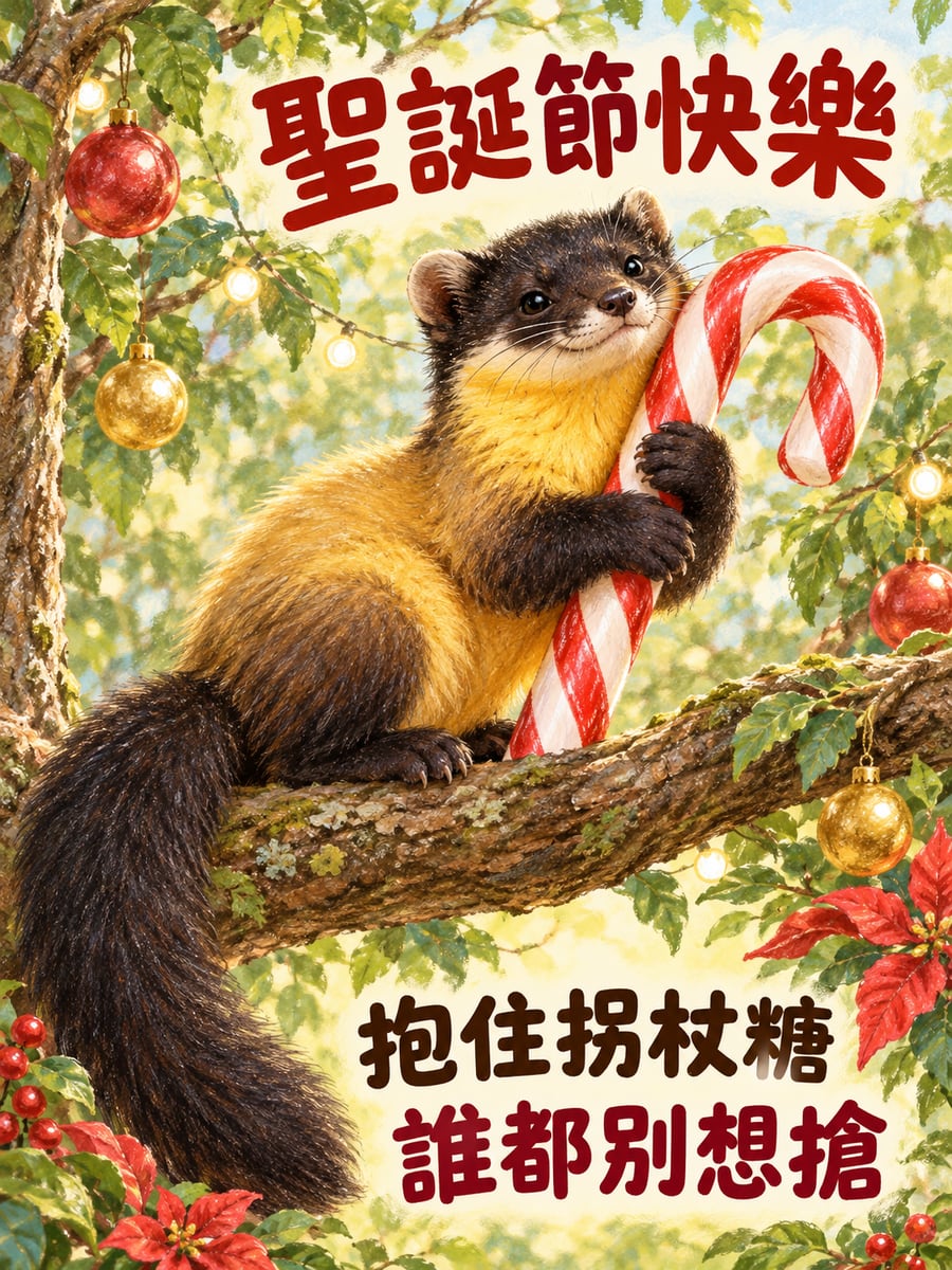 黃喉貂抱拐杖糖。圖中文字：聖誕節快樂，抱住拐杖糖，誰都別想搶
