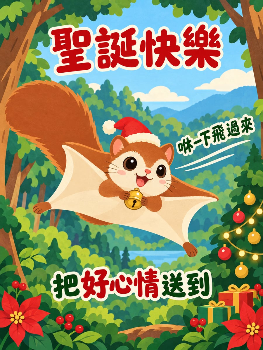 飛鼠抱著鈴鐺飛。圖中文字：聖誕快樂，咻一下飛過來，把好心情送到