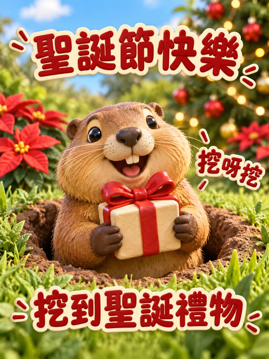 土撥鼠挖出禮物。圖中文字：聖誕節快樂，挖呀挖，挖到聖誕禮物