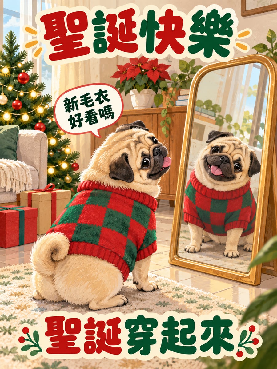 巴哥犬穿聖誕毛衣。圖中文字：聖誕快樂，新毛衣好看嗎，聖誕穿起來