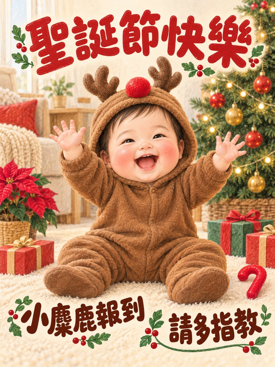 穿麋鹿裝的寶寶。圖中文字：聖誕節快樂，小麋鹿報到，請多指教
