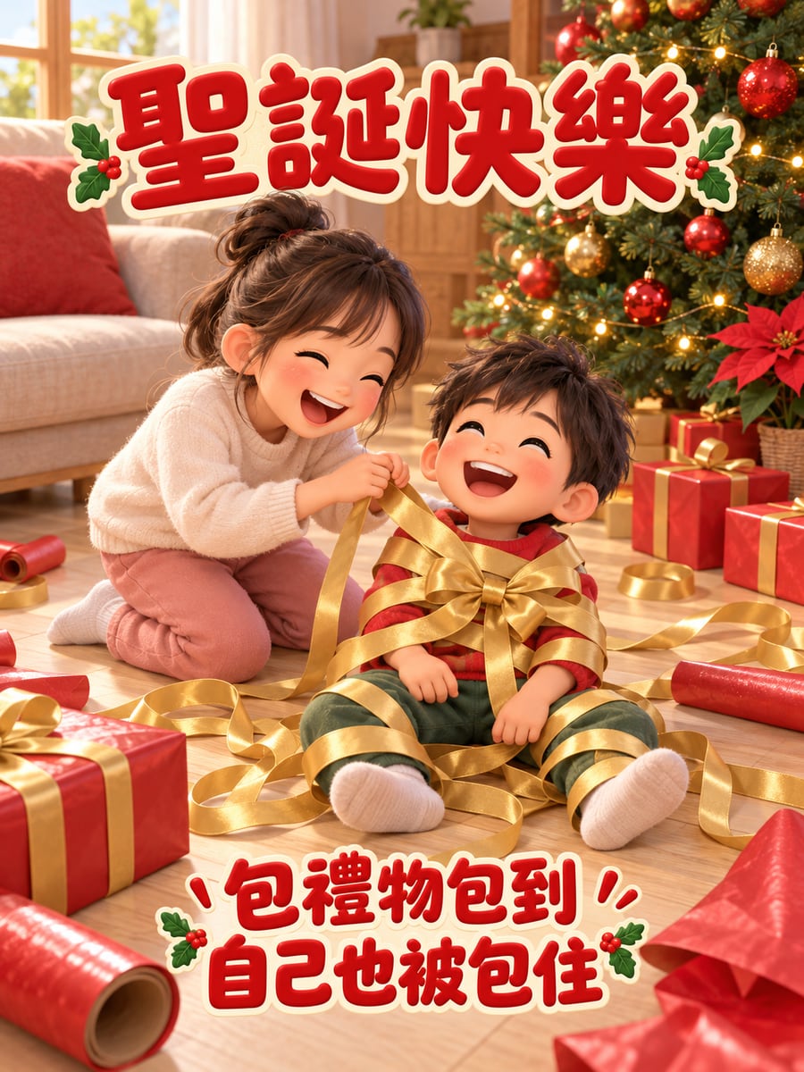 禮物包成一團。圖中文字：聖誕快樂，包禮物包到，自己也被包住