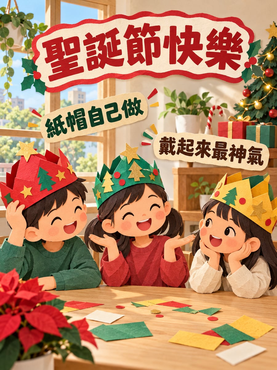 自己做的聖誕紙帽。圖中文字：聖誕節快樂，紙帽自己做，戴起來最神氣