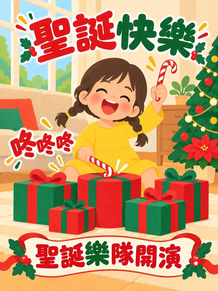 把禮物盒當鼓打。圖中文字：聖誕快樂，咚咚咚，聖誕樂隊開演