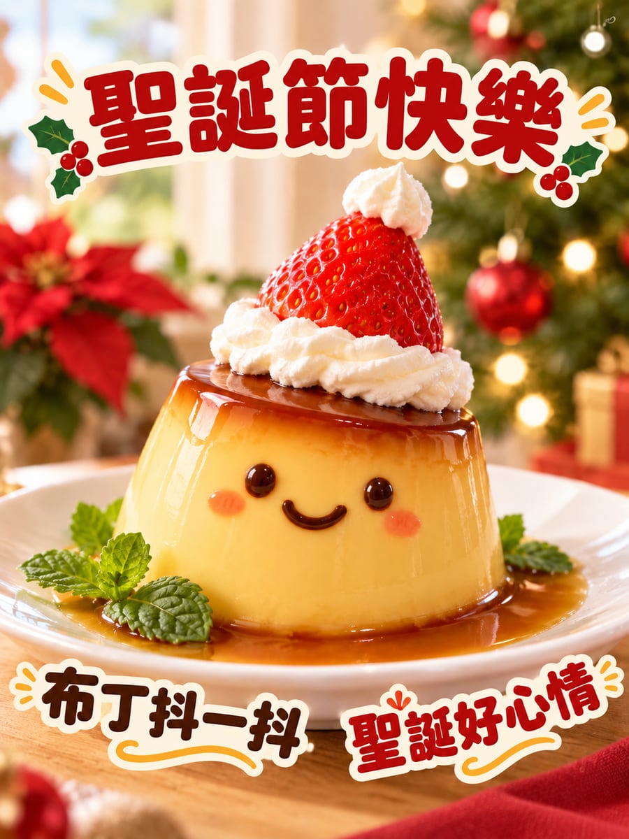 布丁戴聖誕帽。圖中文字：聖誕節快樂，布丁抖一抖，聖誕好心情
