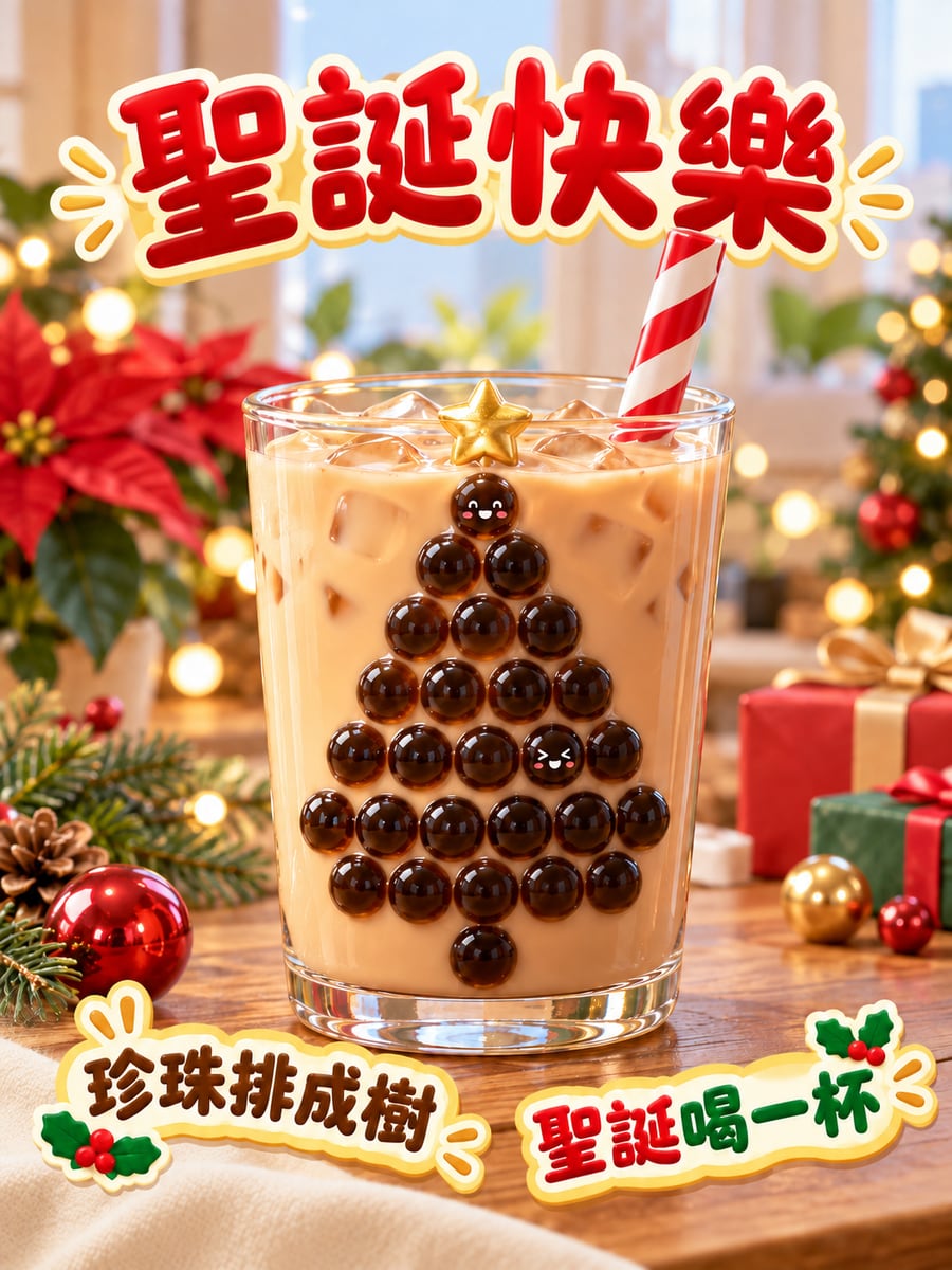 珍奶聖誕樹。圖中文字：聖誕快樂，珍珠排成樹，聖誕喝一杯