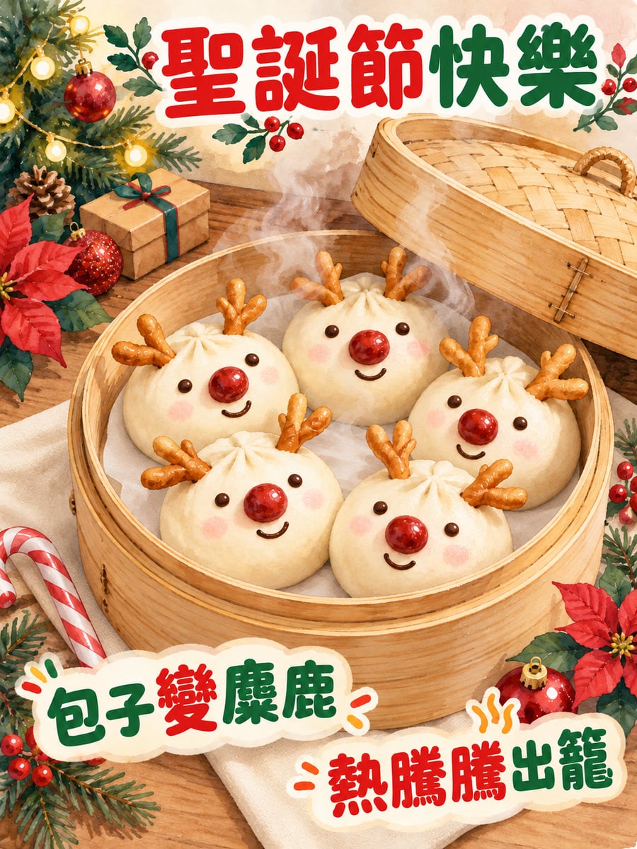 麋鹿造型包子。圖中文字：聖誕節快樂，包子變麋鹿，熱騰騰出籠
