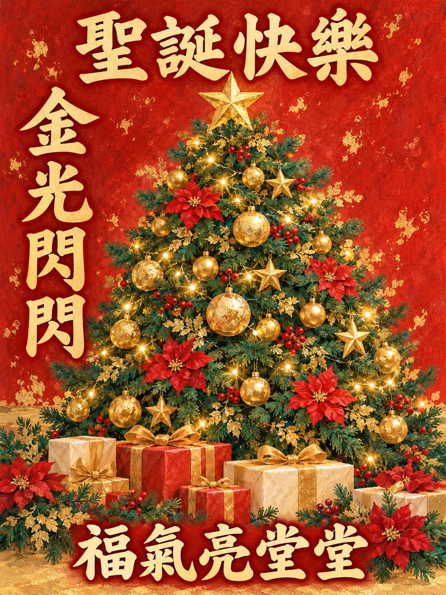 金箔聖誕樹。圖中文字：聖誕快樂，金光閃閃，福氣亮堂堂