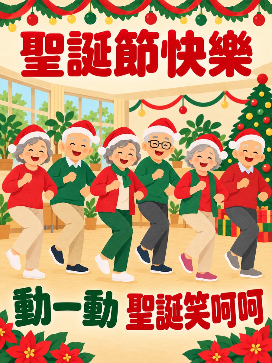 長輩跳排舞。圖中文字：聖誕節快樂，動一動，聖誕笑呵呵