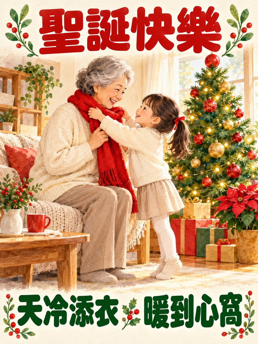 孫女幫阿嬤圍圍巾。圖中文字：聖誕快樂，天冷添衣，暖到心窩