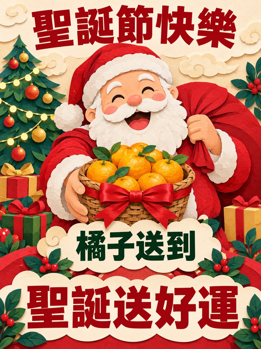聖誕老公公送橘子。圖中文字：聖誕節快樂，橘子送到，聖誕送好運