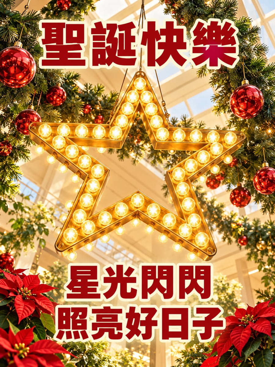亮晶晶的大星星。圖中文字：聖誕快樂，星光閃閃，照亮好日子