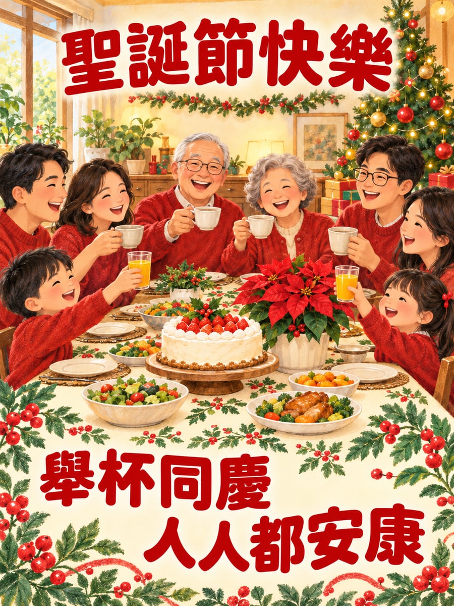 全家舉杯。圖中文字：聖誕節快樂，舉杯同慶，人人都安康