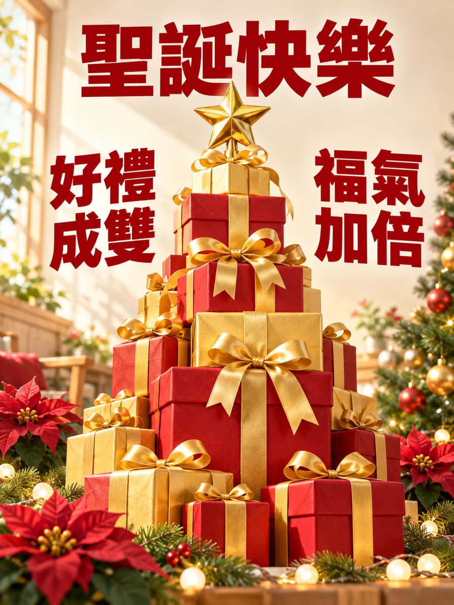 紅金禮物塔。圖中文字：聖誕快樂，好禮成雙，福氣加倍