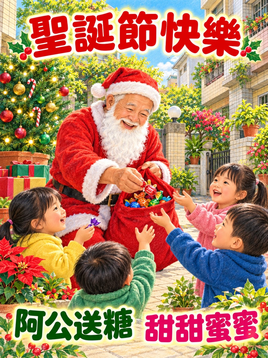 阿公扮聖誕老公公。圖中文字：聖誕節快樂，阿公送糖，甜甜蜜蜜