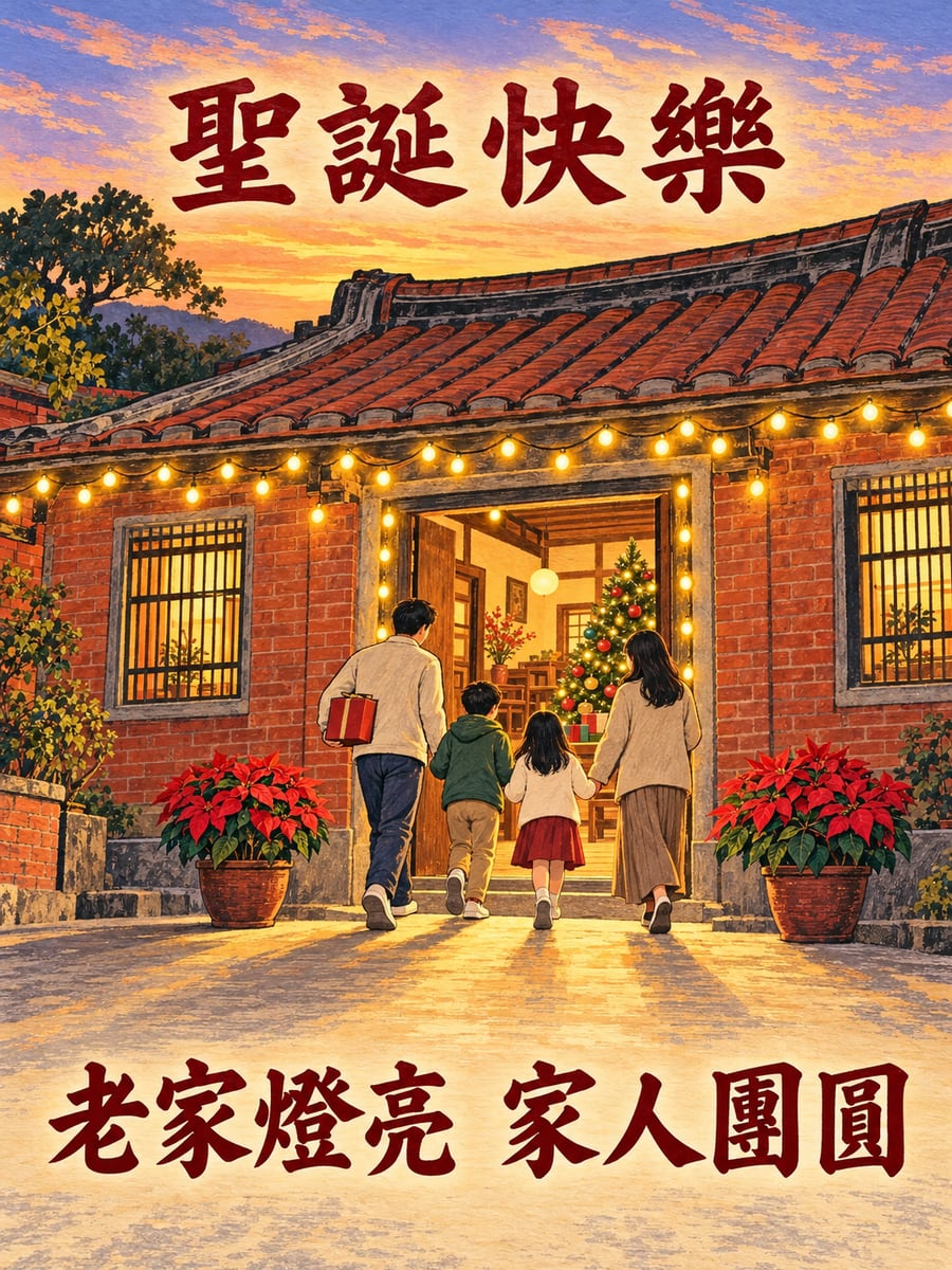 紅磚老屋的燈串。圖中文字：聖誕快樂，老家燈亮，家人團圓