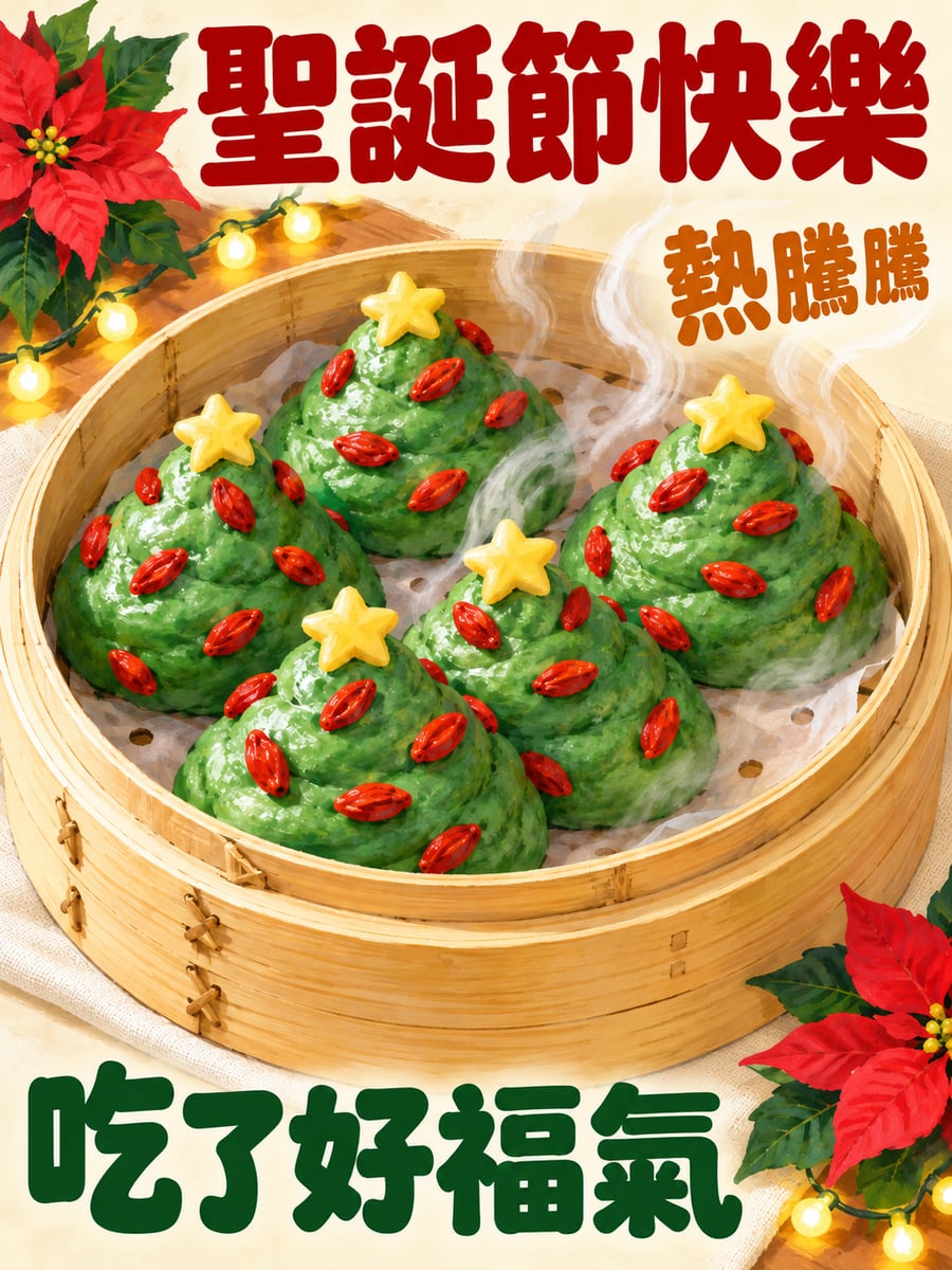 聖誕樹饅頭。圖中文字：聖誕節快樂，熱騰騰，吃了好福氣