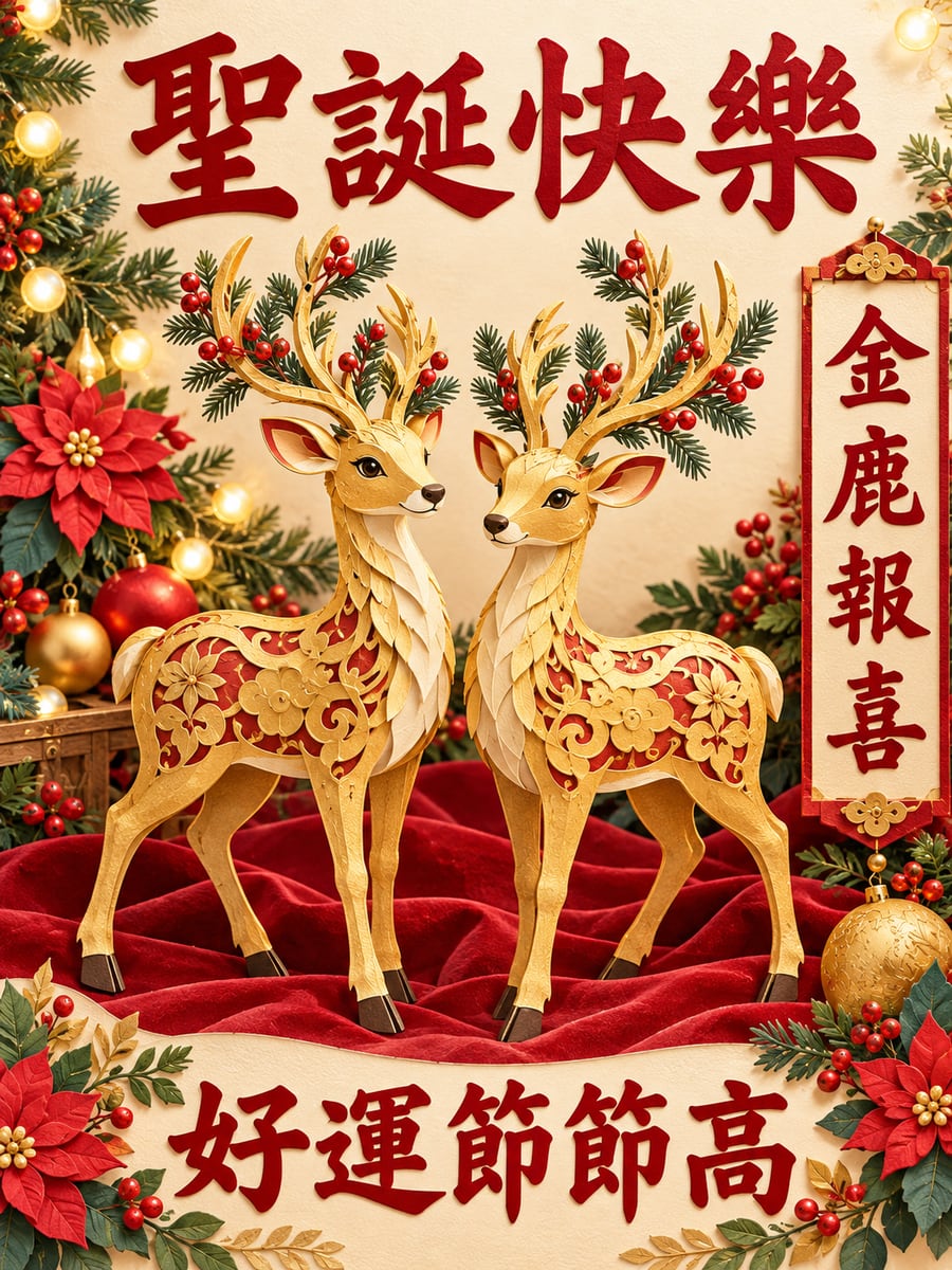 金色麋鹿擺飾。圖中文字：聖誕快樂，金鹿報喜，好運節節高