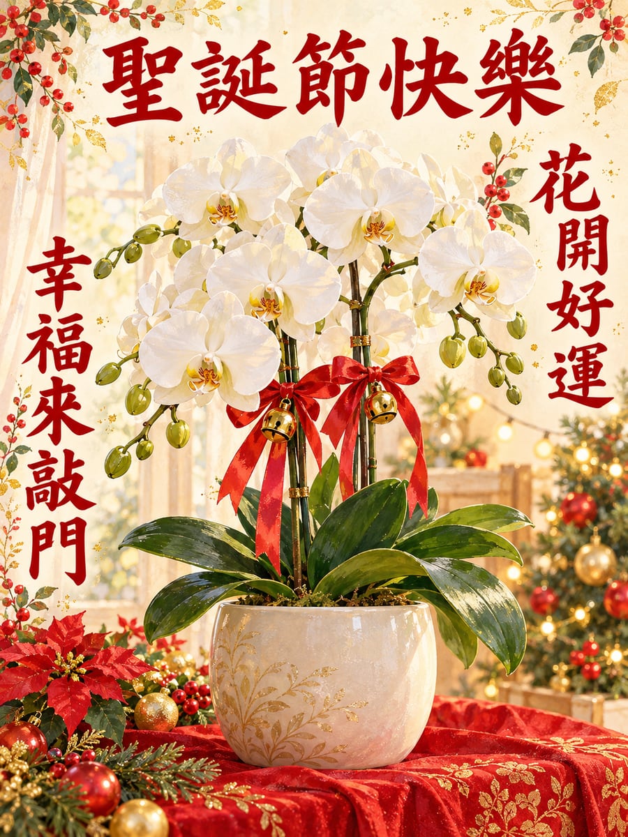 蝴蝶蘭綁紅緞帶。圖中文字：聖誕節快樂，花開好運，幸福來敲門