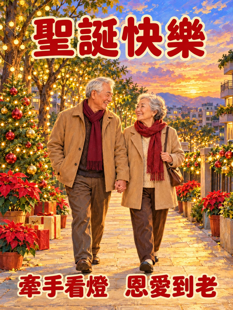 老夫妻散步看燈。圖中文字：聖誕快樂，牽手看燈，恩愛到老