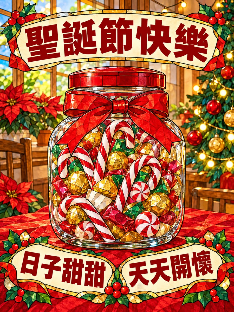 紅蓋子糖果罐。圖中文字：聖誕節快樂，日子甜甜，天天開懷