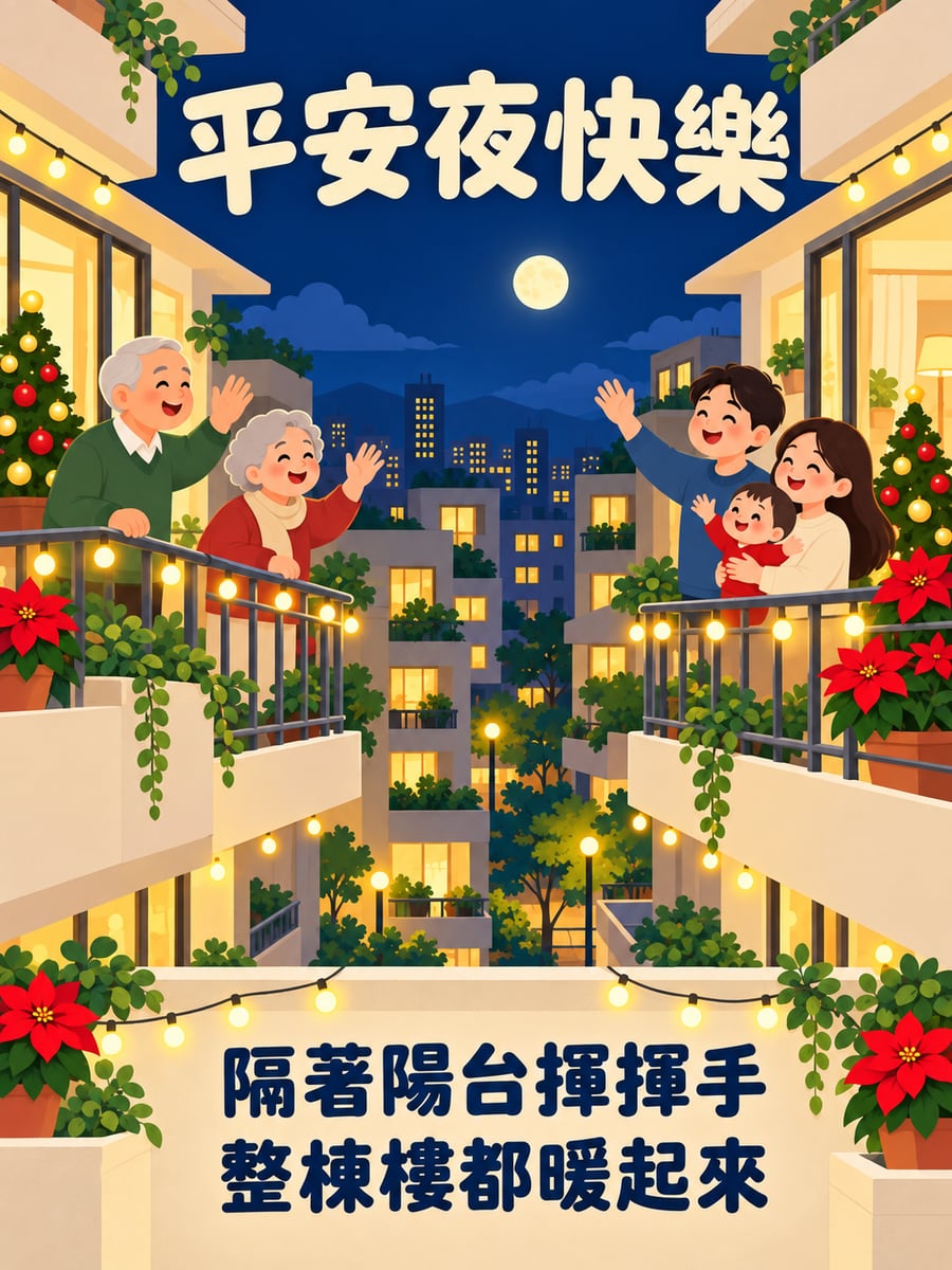 陽台互相揮手。圖中文字：平安夜快樂，隔著陽台揮揮手，整棟樓都暖起來