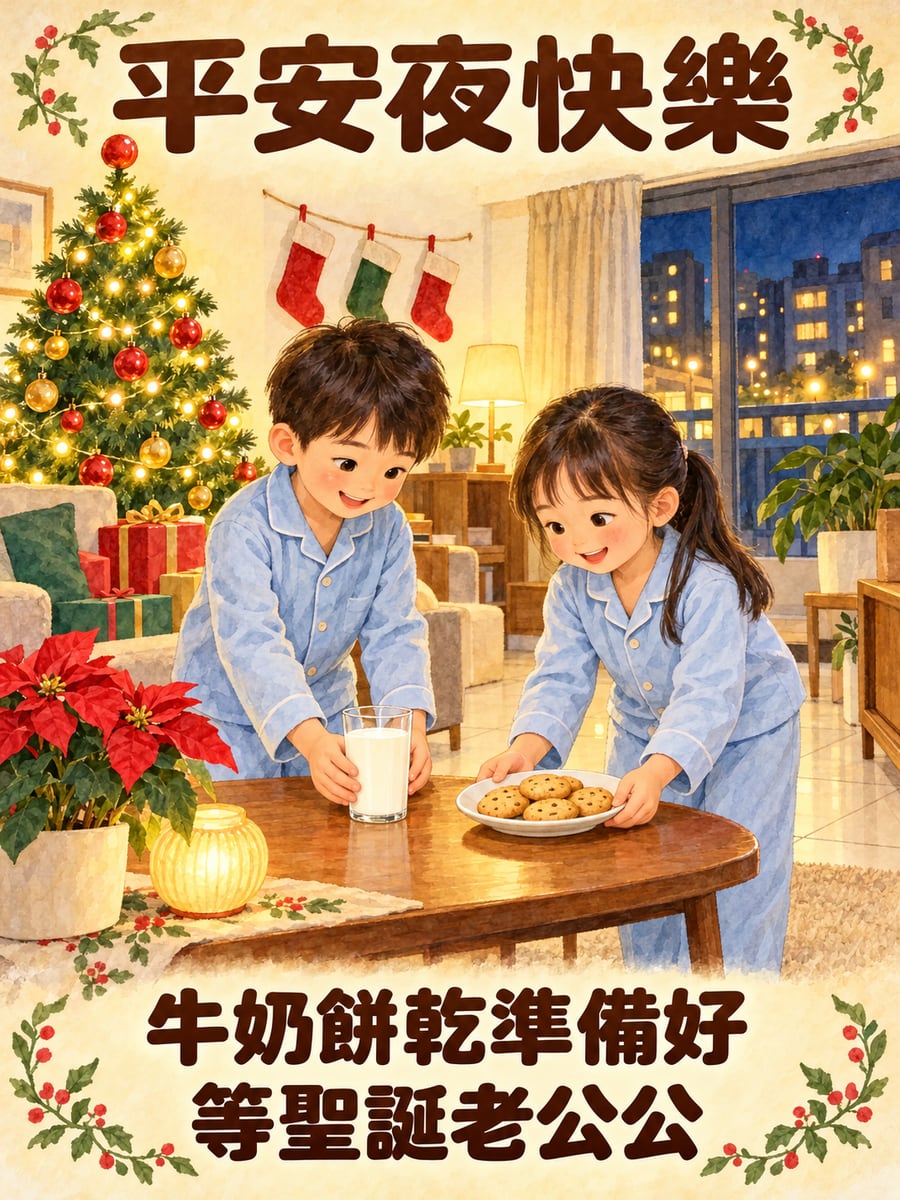 準備牛奶和餅乾。圖中文字：平安夜快樂，牛奶餅乾準備好，等聖誕老公公