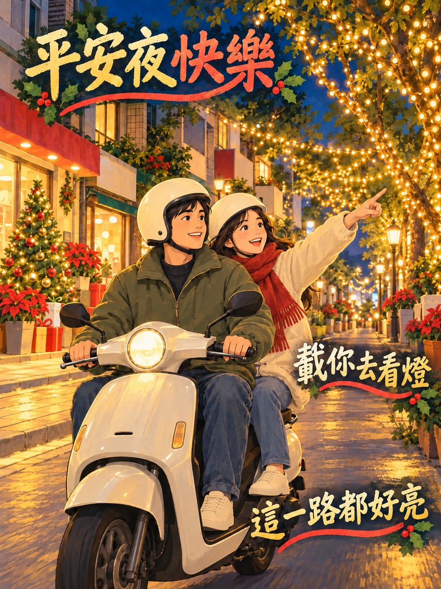 騎車去看燈。圖中文字：平安夜快樂，載你去看燈，這一路都好亮