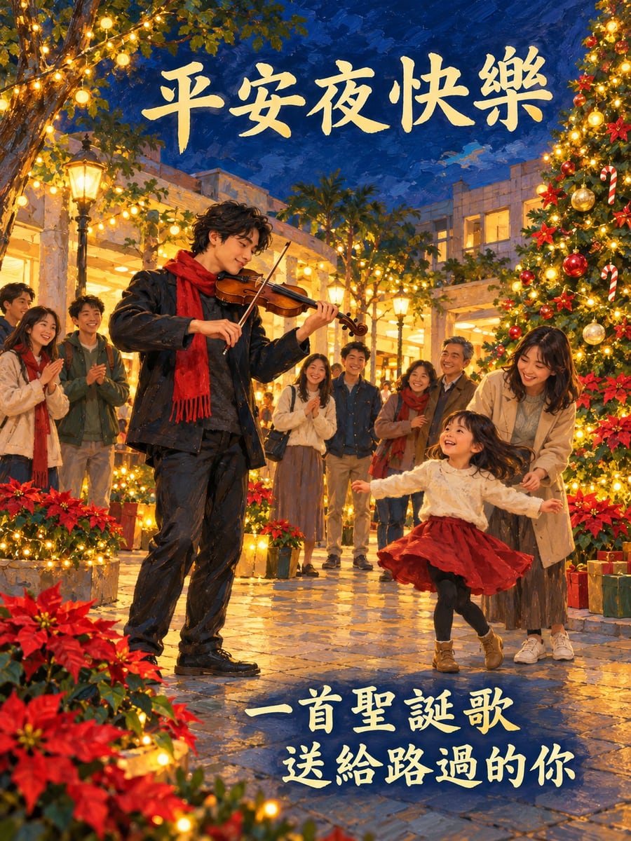 街頭小提琴手。圖中文字：平安夜快樂，一首聖誕歌，送給路過的你