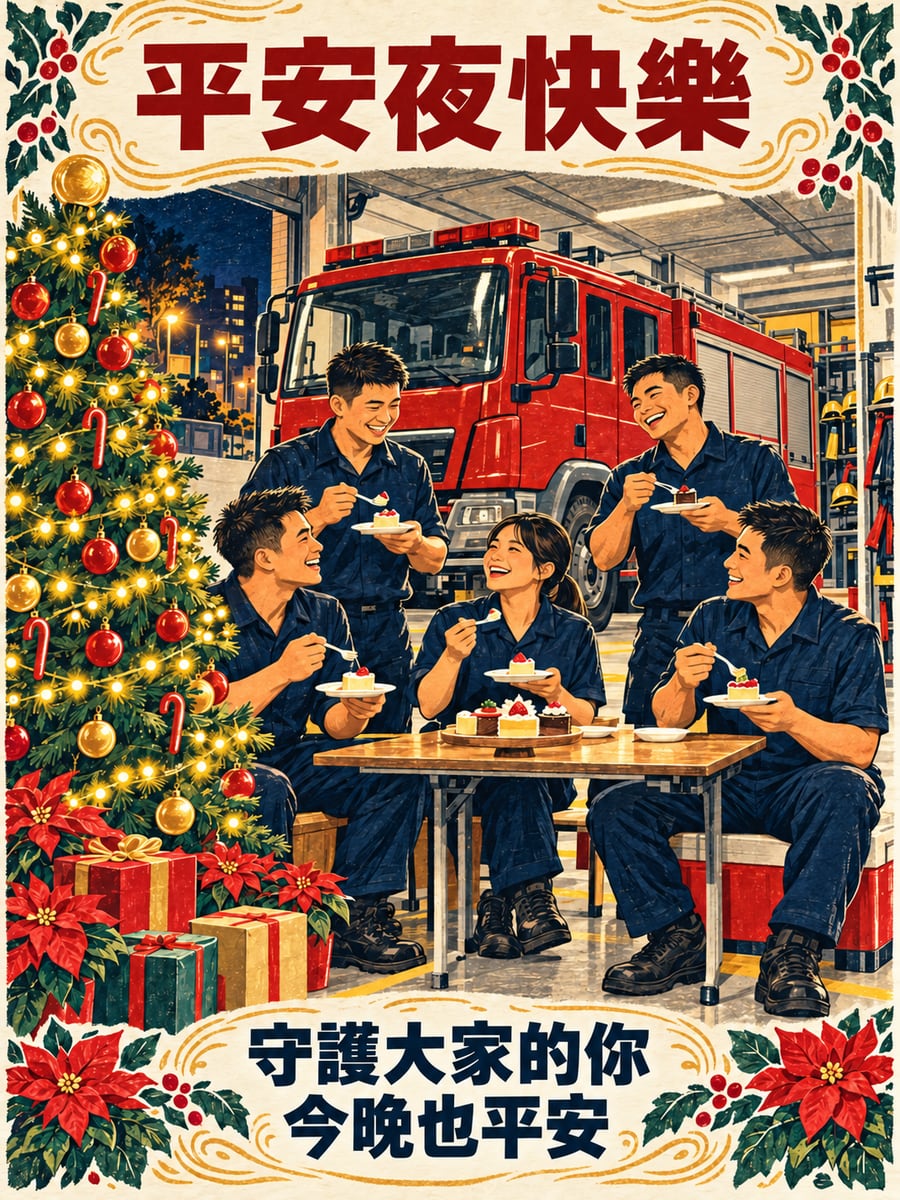 消防隊的聖誕樹。圖中文字：平安夜快樂，守護大家的你，今晚也平安