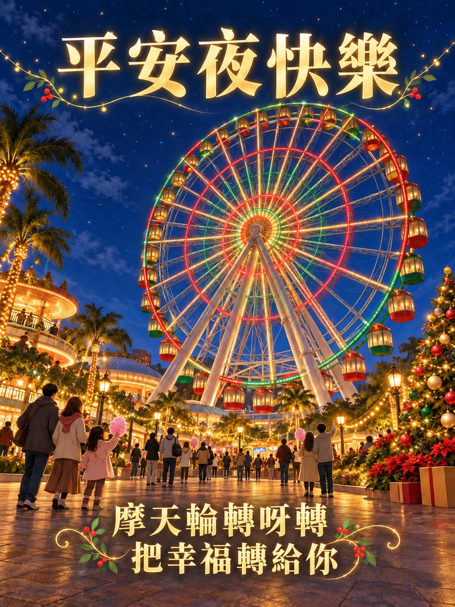 摩天輪亮起燈。圖中文字：平安夜快樂，摩天輪轉呀轉，把幸福轉給你