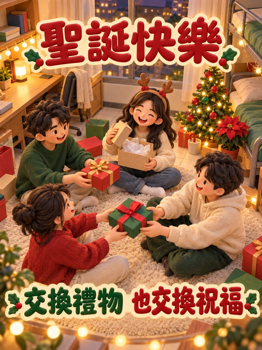 宿舍交換禮物。圖中文字：聖誕快樂，交換禮物，也交換祝福