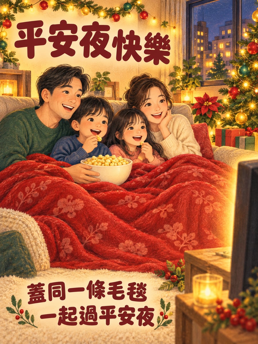蓋毛毯看電影。圖中文字：平安夜快樂，蓋同一條毛毯，一起過平安夜