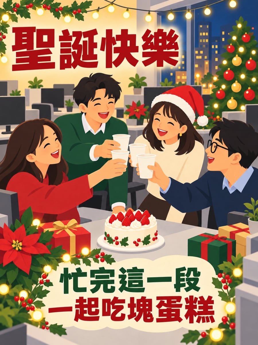 辦公室的小蛋糕。圖中文字：聖誕快樂，忙完這一段，一起吃塊蛋糕