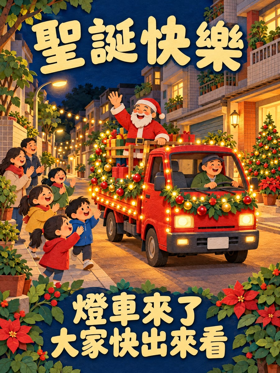 社區孩子追著燈車。圖中文字：聖誕快樂，燈車來了，大家快出來看