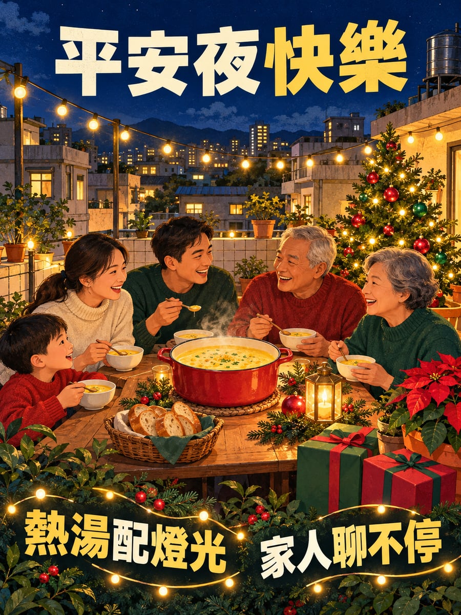 頂樓圍著小燈喝熱湯。圖中文字：平安夜快樂，熱湯配燈光，家人聊不停