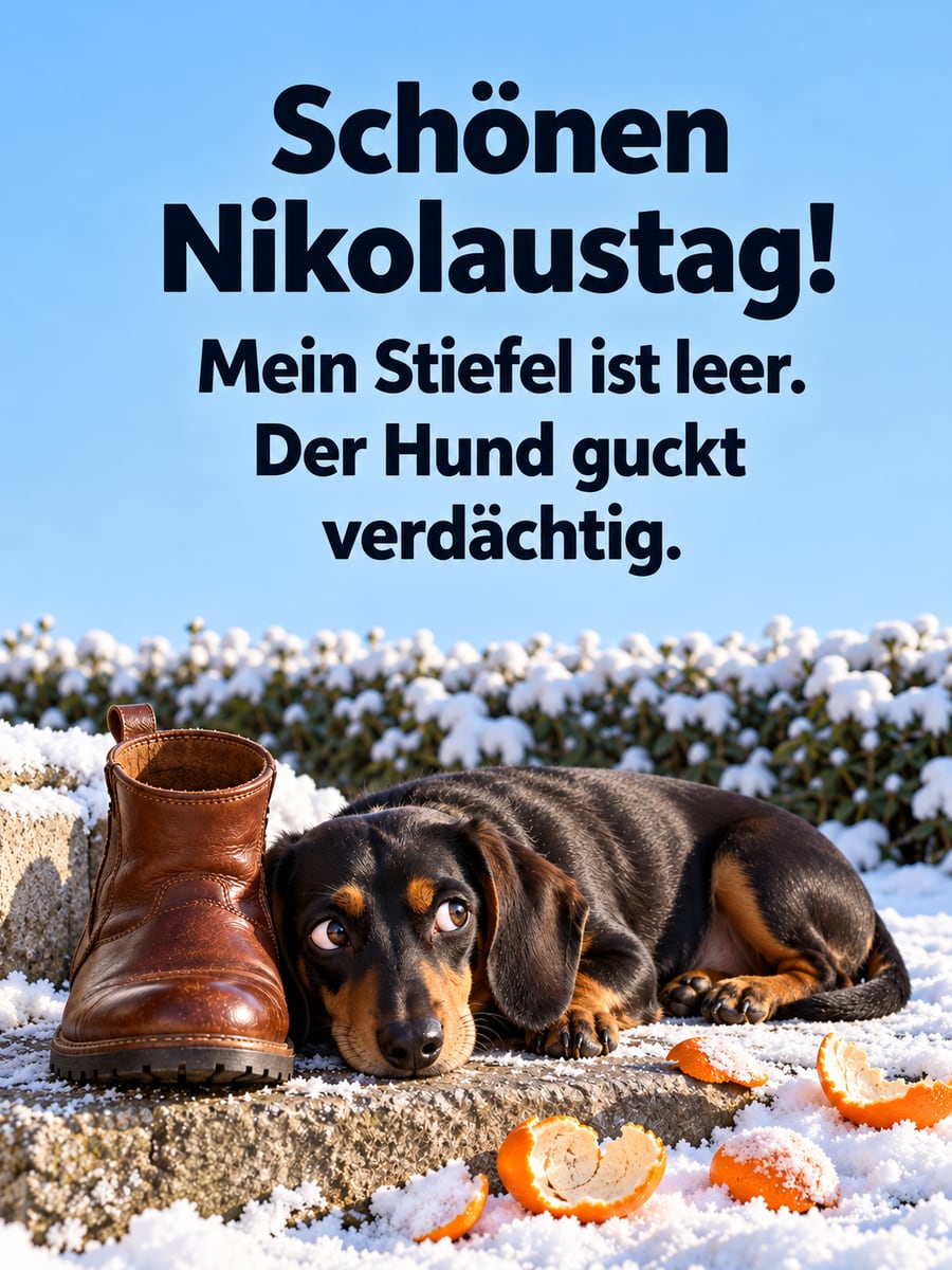 Lustiges Nikolausbild: Ein Dackel liegt neben einem leeren Stiefel, im Schnee liegen Mandarinenschalen