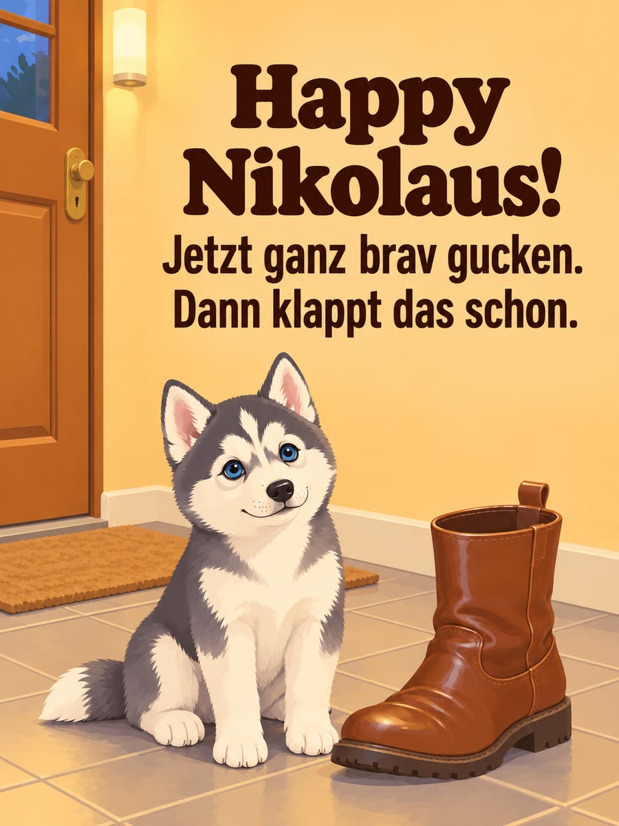Lustiges Nikolausbild: Ein Husky-Welpe sitzt ganz brav neben einem leeren Stiefel im Flur