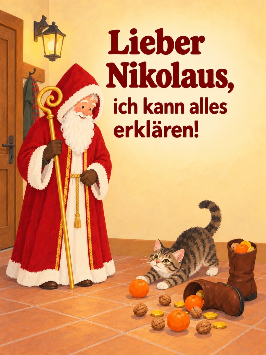 Lustiges Nikolausbild: Nikolaus schaut auf ein Tigerkätzchen neben einem umgekippten Stiefel, Mandarinen rollen über den Boden
