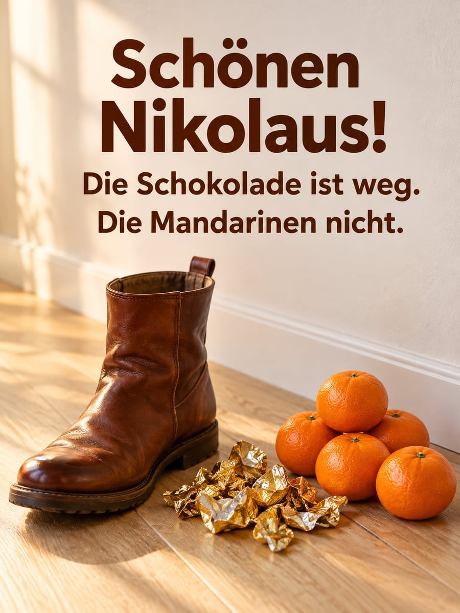 Lustiges Nikolausbild: Leere Goldpapierchen und ein Haufen Mandarinen neben einem leeren Stiefel