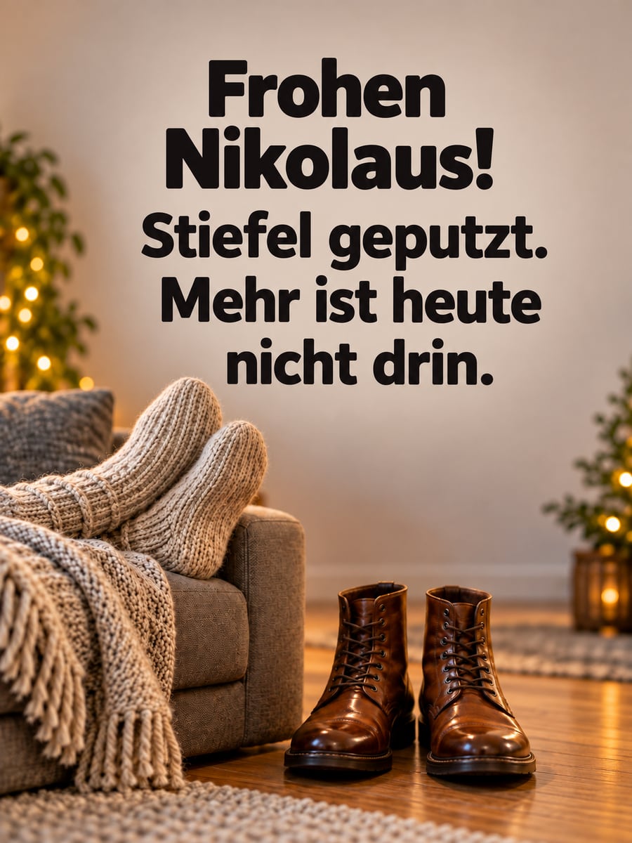 Lustiges Nikolausbild: Füße in Wollsocken auf der Sofalehne, davor ein Paar frisch geputzte Stiefel