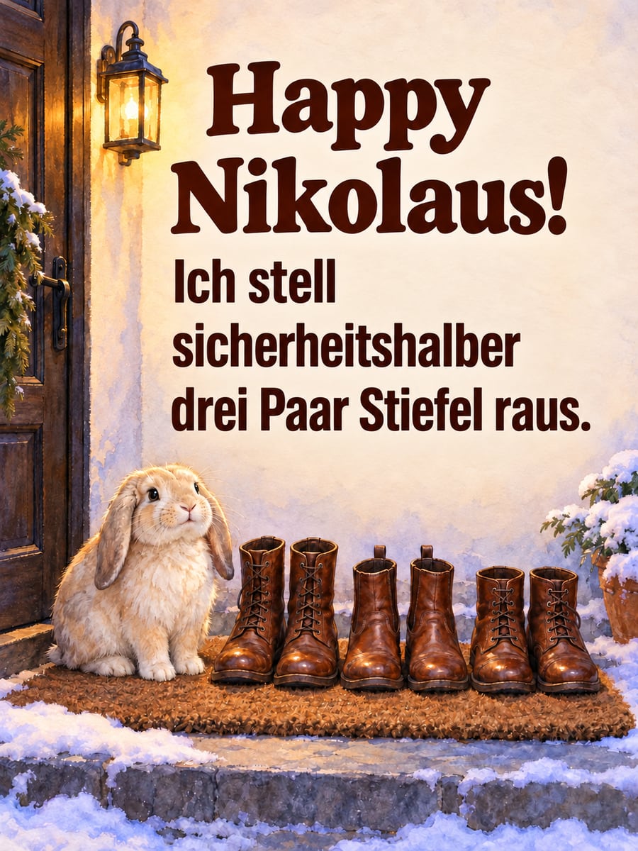 Lustiges Nikolausbild: Ein cremefarbenes Widderkaninchen sitzt vor der Haustür neben drei Paar Stiefeln