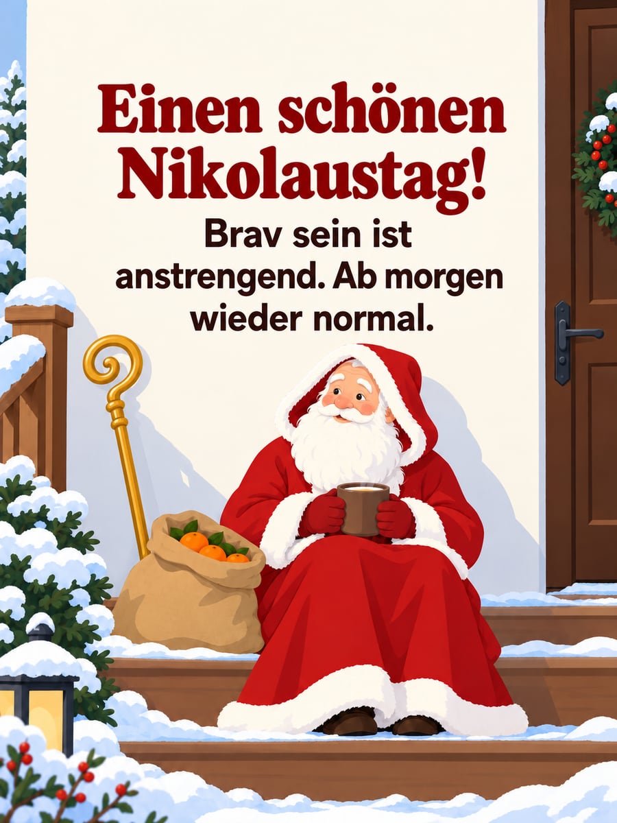 Lustiges Nikolausbild: Nikolaus macht mit einer Tasse Kakao Pause auf der Treppe, daneben ein halb leerer Sack