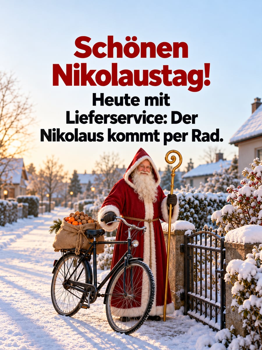 Lustiges Nikolausbild: Nikolaus steht mit seinem Fahrrad am Gartentor, auf dem Gepäckträger ein Sack