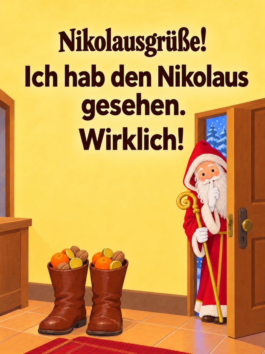 Lustiges Nikolausbild: Nikolaus schaut mit dem Finger auf den Lippen durch den Türspalt, daneben gefüllte Stiefel