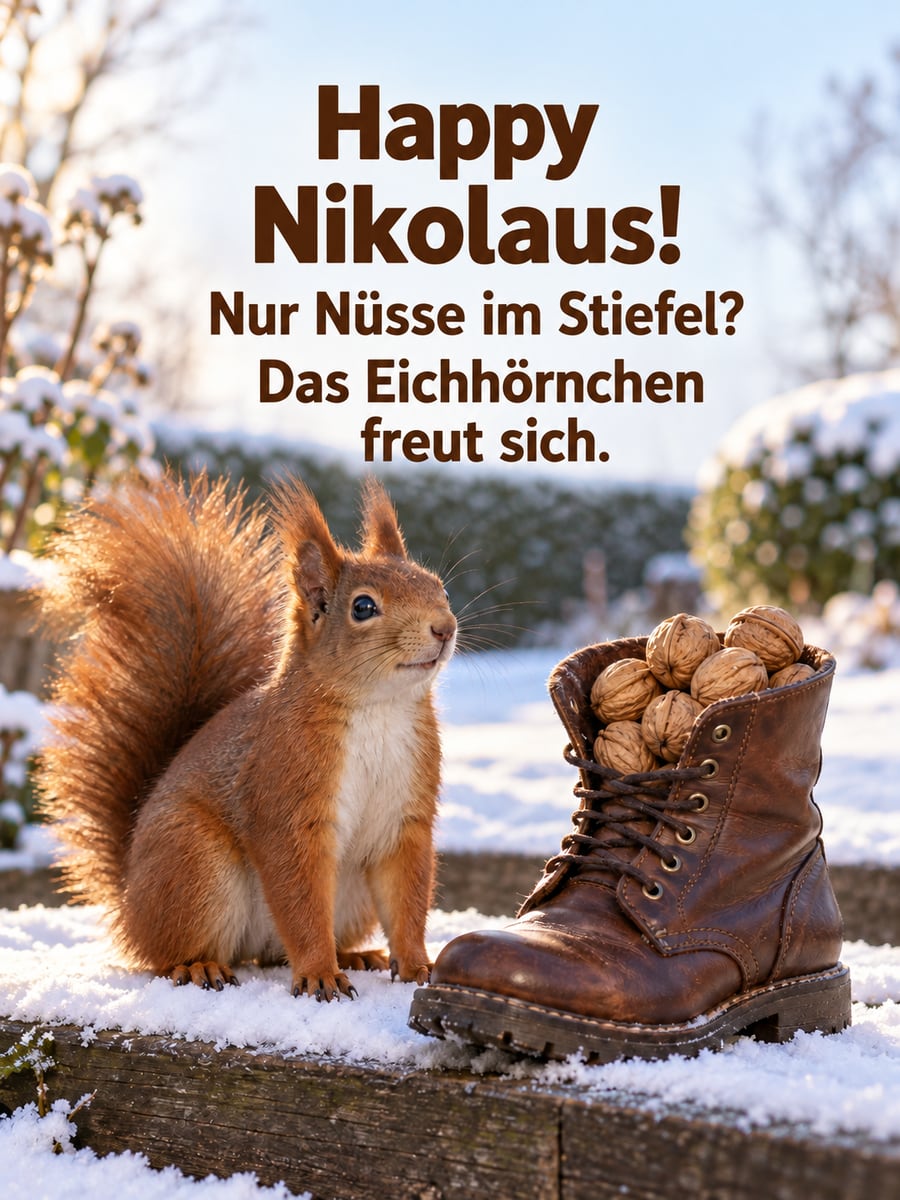 Lustiges Nikolausbild: Ein Eichhörnchen sitzt im Schnee neben einem Stiefel voller Walnüsse