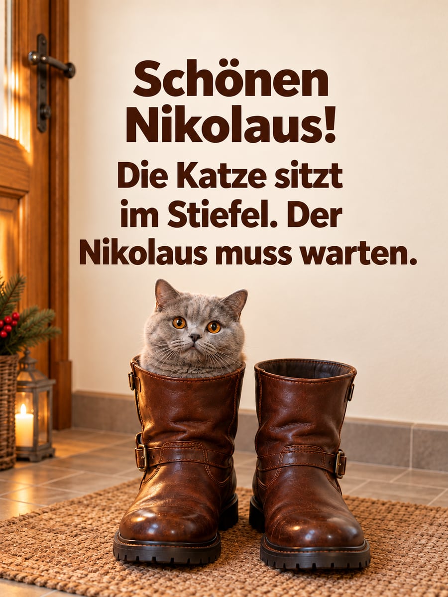 Lustiges Nikolausbild: Eine graublaue Britisch-Kurzhaar-Katze sitzt in einem Stiefel an der Haustür