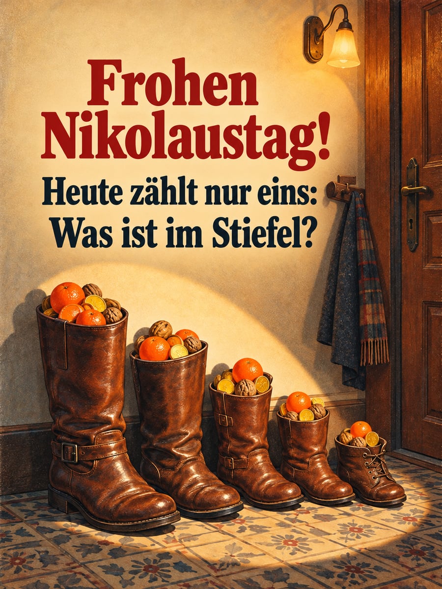 Lustiges Nikolausbild: Ein Taschenlampenstrahl fällt im dunklen Flur auf eine Reihe gefüllter Stiefel