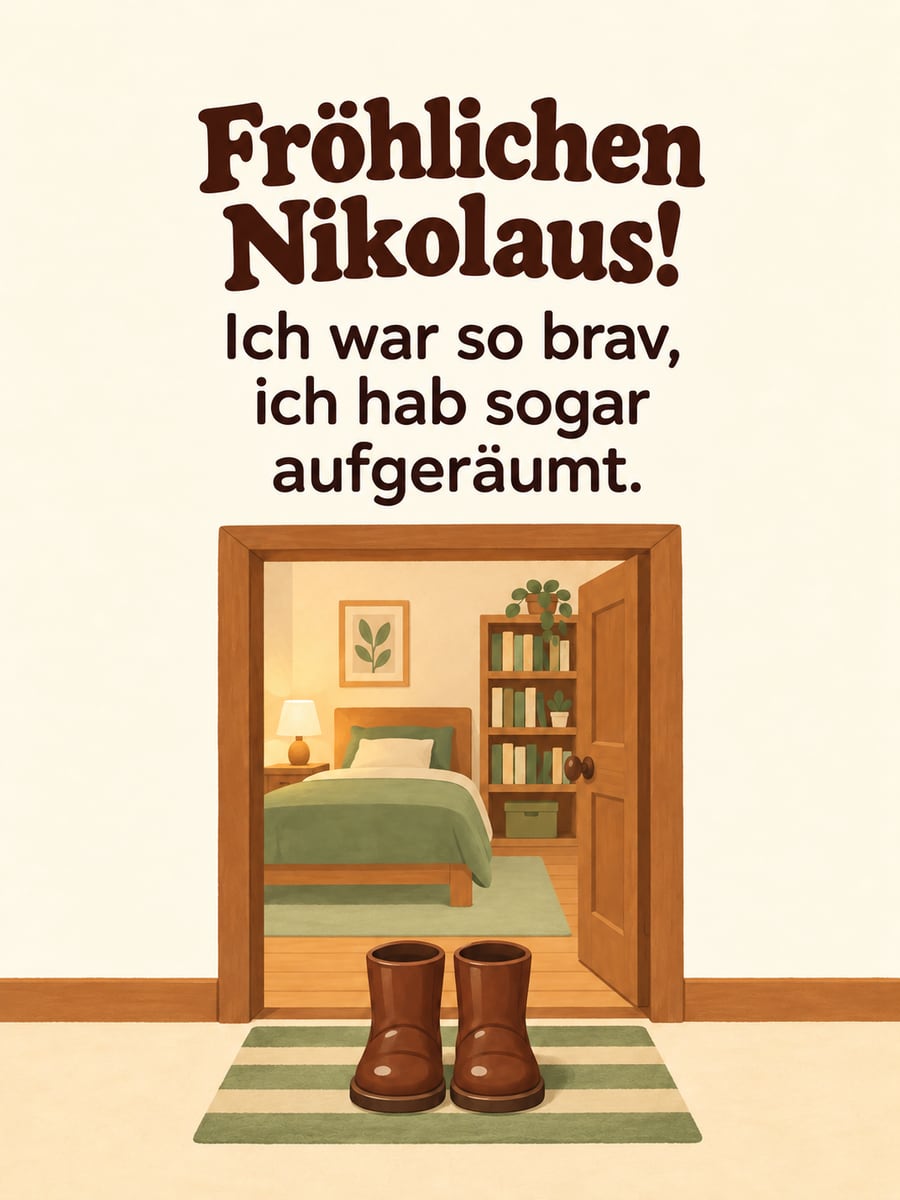 Lustiges Nikolausbild: Ein Paar Stiefel steht ganz gerade vor der offenen Tür eines blitzblank aufgeräumten Zimmers