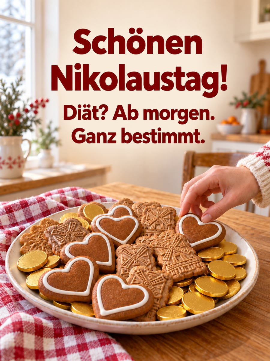 Lustiges Nikolausbild: Ein Teller mit Lebkuchenherzen, Spekulatius und Schokoladenmünzen, eine Hand greift zu